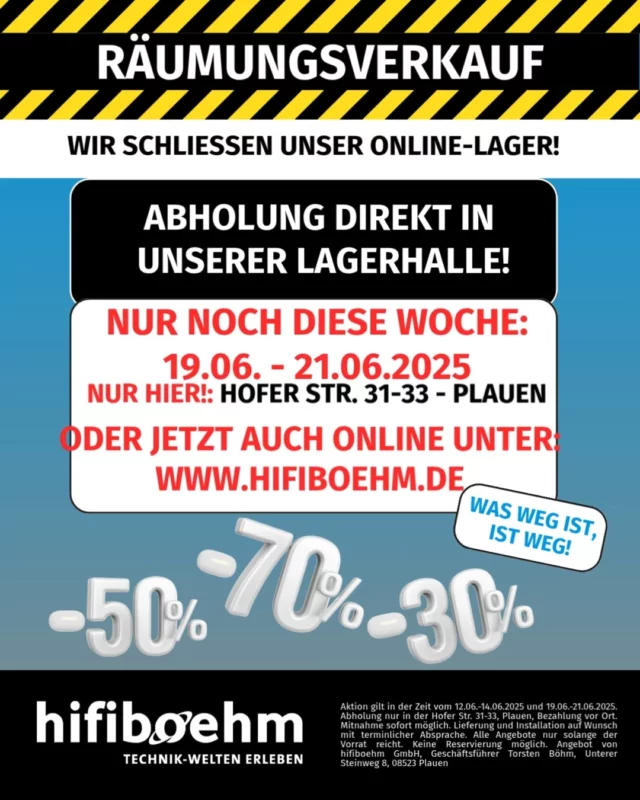 🚨🚀Für alle, die es noch nicht wissen: 
Diesen Donnerstag bis Samstag ist nochmal Räumungsverkauf! Wir schließen unser Online-Lager! 
Wir haben viele Technik-Highlights von Miele, Samsung, Siemens, LG und vielen weiteren Herstellern zu wirklichen Schnäppchen-Preisen! Kommt vorbei, nehmt mit oder lasst es von uns liefern. 
🚨Oder so lange ihr noch könnt: In unserem Online-Shop bestellen und liefern lassen. 
#hifiboehm #technikweltenentdecken #technikweltenentdecker #räumungsverkauf #sale #allesmussraus #miele #samsung #siemens #lg #plauen #solangedervorratreicht