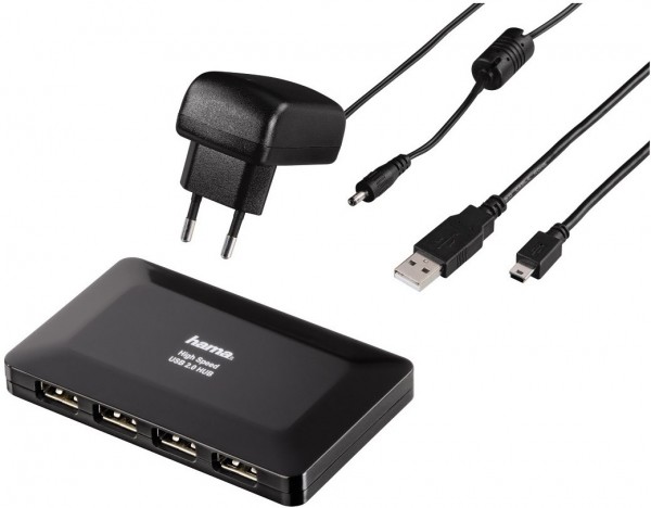 Hama USB 2.0 HUB 1:4 mit Netzteil Schwarz
